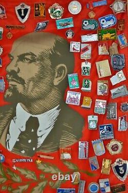 100 Russian Soviet USSR Medals & pin badges + Pennant Banner Flag Original