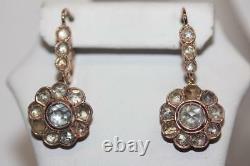 14K Rose Gold Russian Soviet Rose-Cut Diamond Flower Dangle Earrings Pierced