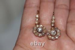 14K Rose Gold Russian Soviet Rose-Cut Diamond Flower Dangle Earrings Pierced