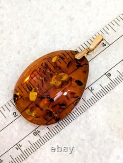 14k 583 Rose Gold Cognac Baltic Amber Pendant Vintage Russian Soviet USSR 7.9g