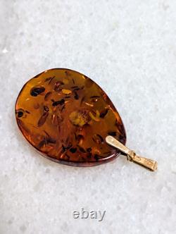 14k 583 Rose Gold Cognac Baltic Amber Pendant Vintage Russian Soviet USSR 7.9g