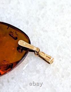 14k 583 Rose Gold Cognac Baltic Amber Pendant Vintage Russian Soviet USSR 7.9g