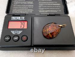 14k 583 Rose Gold Cognac Baltic Amber Pendant Vintage Russian Soviet USSR 7.9g