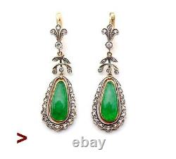 1920s Soviet Russian Dangle Earrings 56 Green 14K Gold Imperial Jade Diamonds 9g