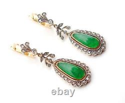 1920s Soviet Russian Dangle Earrings 56 Green 14K Gold Imperial Jade Diamonds 9g