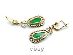 1920s Soviet Russian Dangle Earrings 56 Green 14K Gold Imperial Jade Diamonds 9g