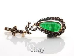 1920s Soviet Russian Dangle Earrings 56 Green 14K Gold Imperial Jade Diamonds 9g