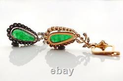 1920s Soviet Russian Dangle Earrings 56 Green 14K Gold Imperial Jade Diamonds 9g