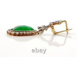 1920s Soviet Russian Dangle Earrings 56 Green 14K Gold Imperial Jade Diamonds 9g