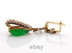 1920s Soviet Russian Dangle Earrings 56 Green 14K Gold Imperial Jade Diamonds 9g