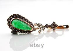 1920s Soviet Russian Dangle Earrings 56 Green 14K Gold Imperial Jade Diamonds 9g