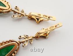 1920s Soviet Russian Dangle Earrings 56 Green 14K Gold Imperial Jade Diamonds 9g