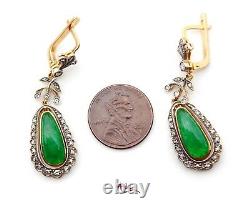 1920s Soviet Russian Dangle Earrings 56 Green 14K Gold Imperial Jade Diamonds 9g