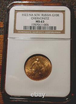 1923 NGC MS63 RUSSIAN GOLD COIN 10 R FIRST CHERVONETZ 1/4 Oz SOVIET RUSSIA USSR