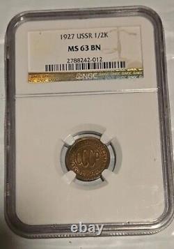 1927 Russian USSR Soviet Union 1/2 Kopek NGC MS 63 Very Rare Coin