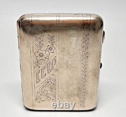 1930s Russian Soviet USSR Silver-plated Cigarette Case Engraved Sapphire Button