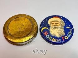 1960 Russian Soviet USSR Candy Drops Tin Box Container Santa Claus Face Confetti
