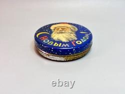 1960 Russian Soviet USSR Candy Drops Tin Box Container Santa Claus Face Confetti