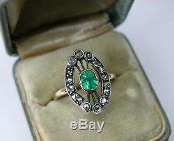 Antique Soviet Russian 750 18k Gold Emerald Diamond Ring Vintage