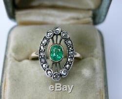 Antique Soviet Russian 750 18k Gold Emerald Diamond Ring Vintage