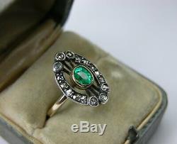 Antique Soviet Russian 750 18k Gold Emerald Diamond Ring Vintage