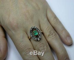 Antique Soviet Russian 750 18k Gold Emerald Diamond Ring Vintage