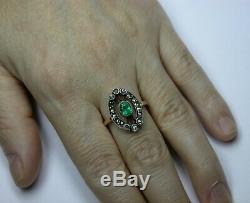 Antique Soviet Russian 750 18k Gold Emerald Diamond Ring Vintage