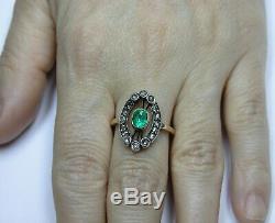 Antique Soviet Russian 750 18k Gold Emerald Diamond Ring Vintage