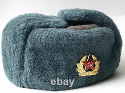 Authentic Soviet ushanka, Russian fur hat + Badge, USSR army soldier winter caps