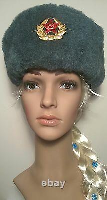 Authentic Soviet ushanka, Russian fur hat + Badge, USSR army soldier winter caps