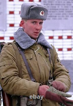 Authentic Soviet ushanka, Russian fur hat + Badge, USSR army soldier winter caps