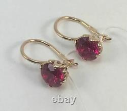 Awesome Vintage Rare USSR Soviet Russian Rose Gold Earrings Ruby Stone 583 14k