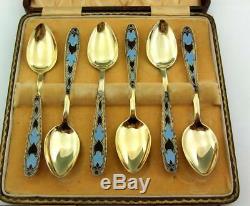 Cased Set Of 6 Soviet Russian Solid Silver Gilt Enamel Spoons
