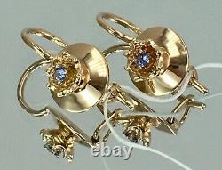 Chic Vintage Original Soviet Russian Blue Corundum Gold Earrings 583 14K USSR