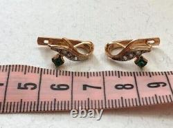 Chic Vintage Soviet USSR Russian GOLD 583 14K Earrings Emerald Women's Jewelry