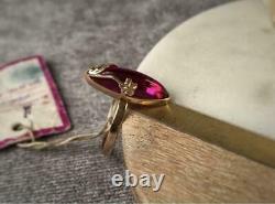 Chic Vintage USSR Russian Soviet Rose Gold Ring Ruby Cabochon 583 14K Size 8