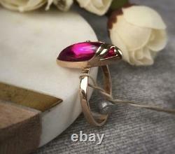 Chic Vintage USSR Russian Soviet Rose Gold Ring Ruby Cabochon 583 14K Size 8