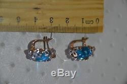 Earrings NEW Russian Solid Rose Gold 14K 585 USSR fine jewelry blue topaz 5.68g
