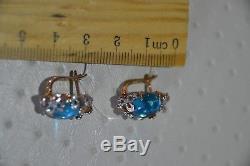 Earrings NEW Russian Solid Rose Gold 14K 585 USSR fine jewelry blue topaz 5.68g
