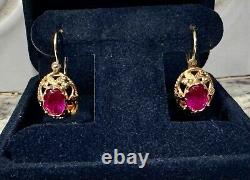 Earrings Ruby Women Jewelry Gold 14K Soviet USSR