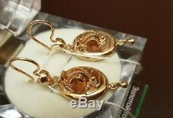 Earrings Russian gold Rose gold 14K 585 NEW USSR Soviet style 5.1g samovar long