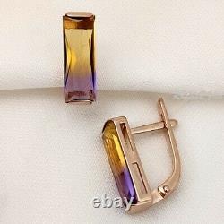 Earrings Solid Rose Gold 14K 585 Russian fine jewelry 3.43g ametrine stone USSR