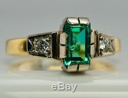 Emerald Diamond Ring 18K Yellow Gold 750 Russian USSR Soviet Union Vintage