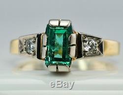 Emerald Diamond Ring 18K Yellow Gold 750 Russian USSR Soviet Union Vintage