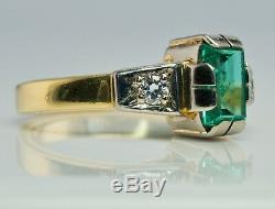 Emerald Diamond Ring 18K Yellow Gold 750 Russian USSR Soviet Union Vintage