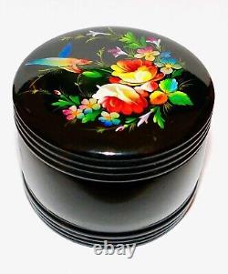 FEDOSKINO Soviet USSR Russian Lacquer Box 1980s H/Painted Flowers & Bird+Paper