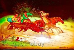 FEDOSKINO Soviet USSR Russian Large Lacquer Box Hand Painted TROYKA Signed Dated