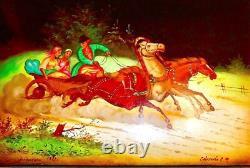 FEDOSKINO Soviet USSR Russian Large Lacquer Box Hand Painted TROYKA Signed Dated
