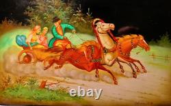 FEDOSKINO Soviet USSR Russian Large Lacquer Box Hand Painted TROYKA Signed Dated