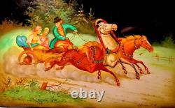 FEDOSKINO Soviet USSR Russian Large Lacquer Box Hand Painted TROYKA Signed Dated